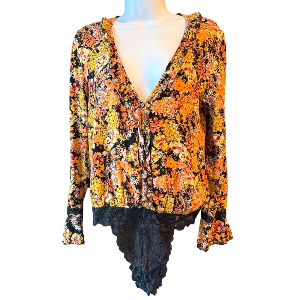 Intimately Free People Floral Lace Bodysuit Blouse Size Medium Boho Romantic